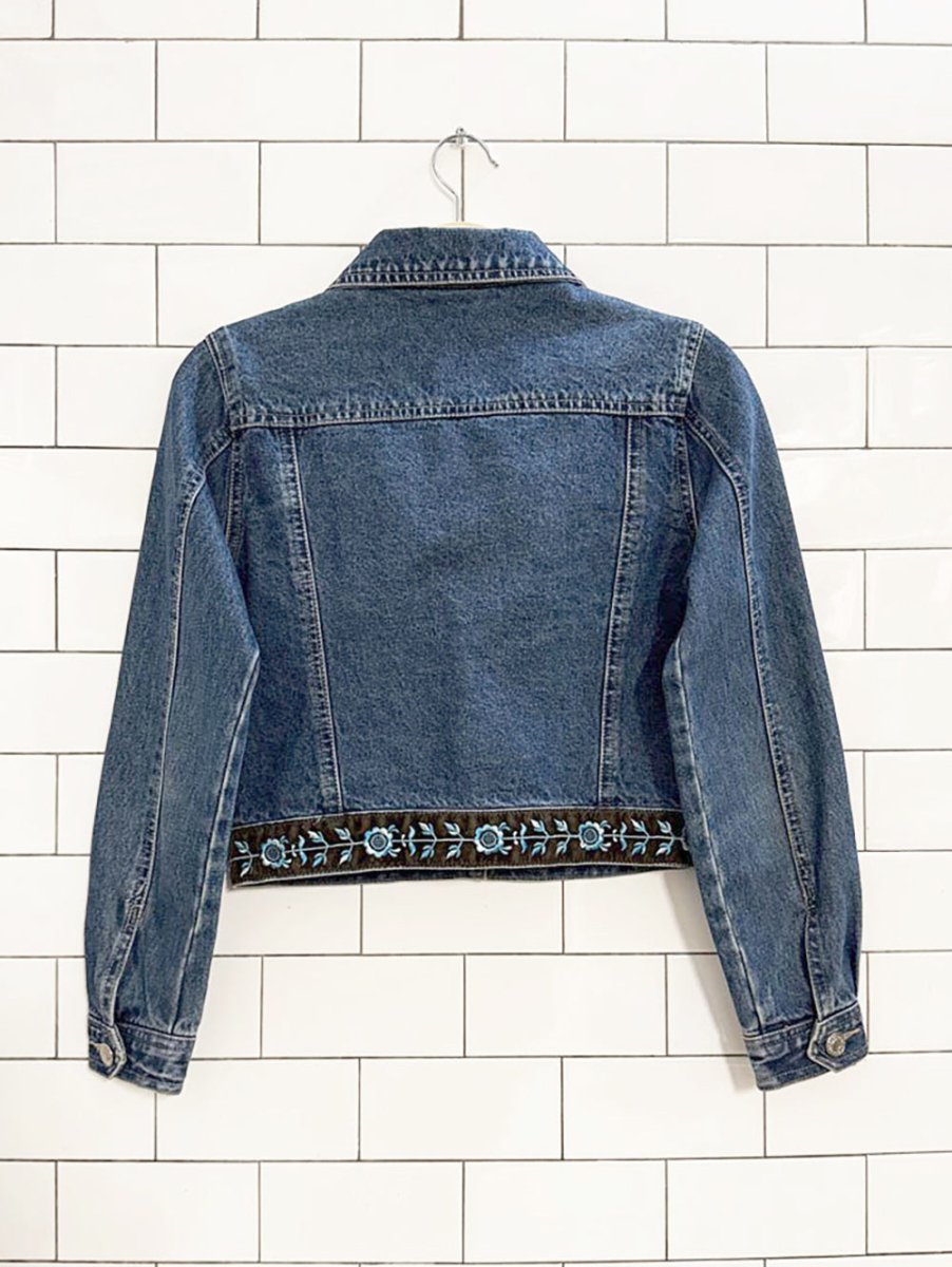 y2k request cropped floral embroidered trim denim jacket - good market thrift store
