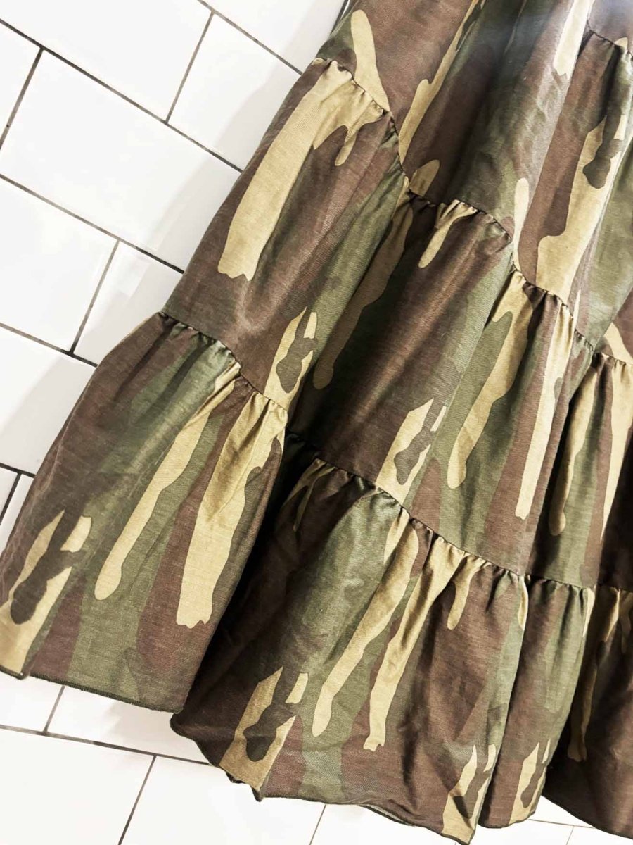 y2k request woodland camo tiered midi skirt - good market thrift store