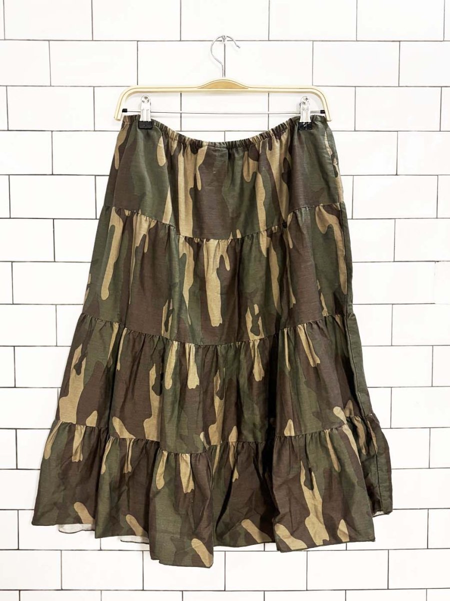 y2k request woodland camo tiered midi skirt - good market thrift store