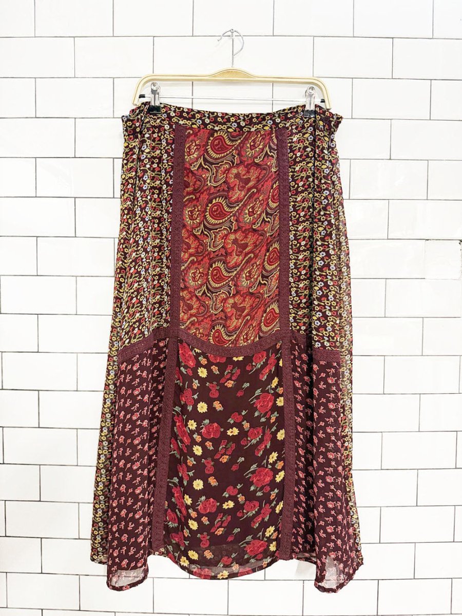 y2k requirements boho paisley floral crochet trim midi skirt - good market thrift store