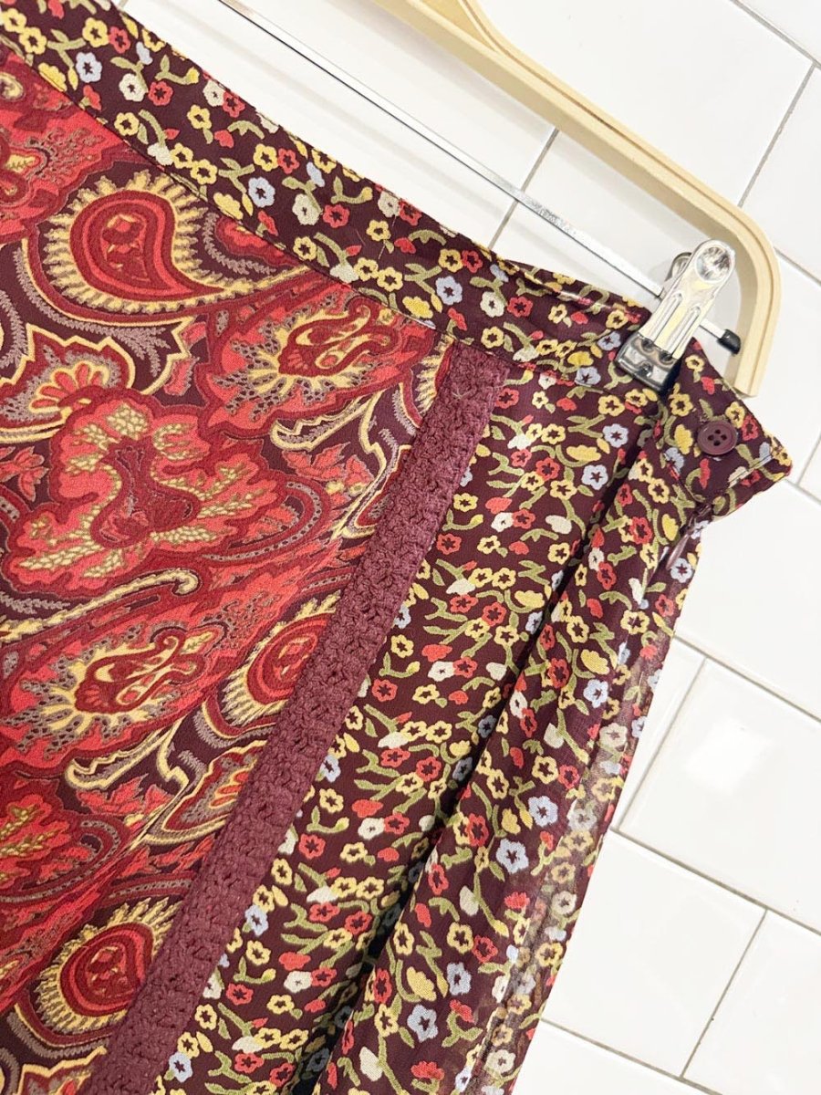 y2k requirements boho paisley floral crochet trim midi skirt - good market thrift store