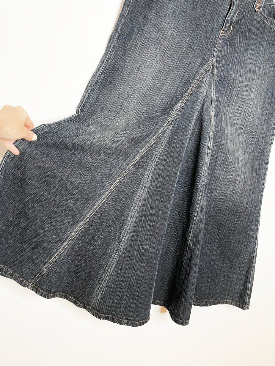 y2k rewind low rise mermaid flare denim midi skirt - good market thrift store