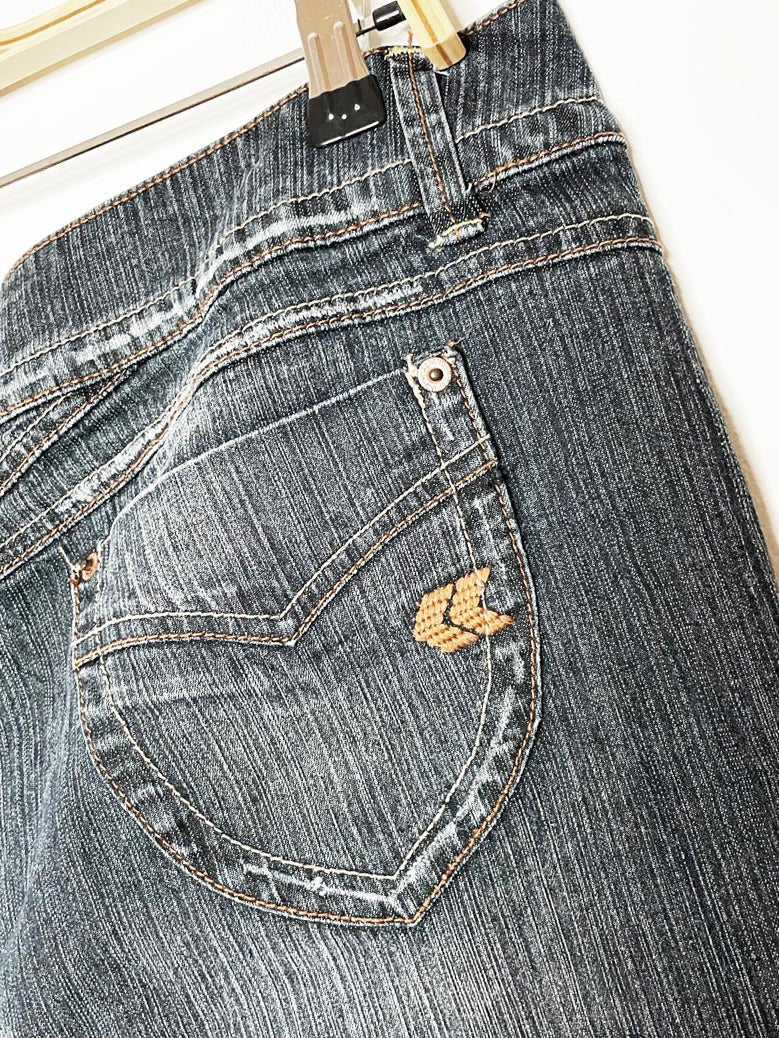 y2k rewind low rise mermaid flare denim midi skirt - good market thrift store