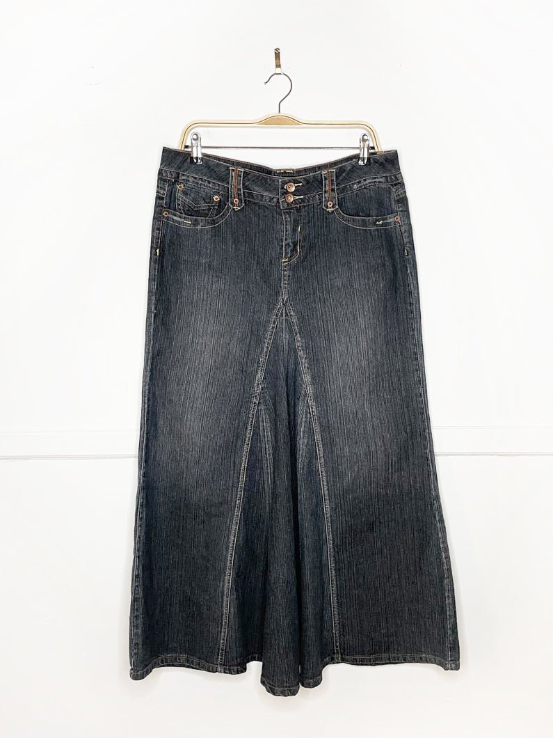 y2k rewind low rise mermaid flare denim midi skirt - good market thrift store