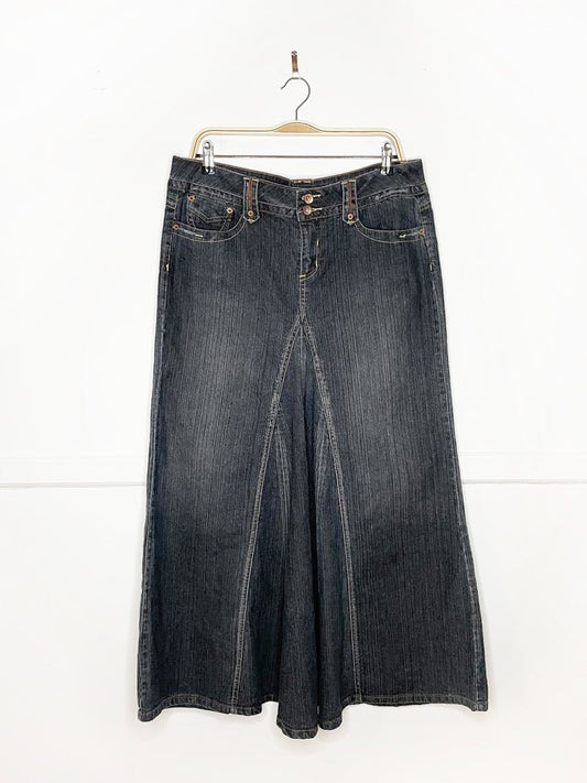 y2k rewind low rise mermaid flare denim midi skirt - good market thrift store