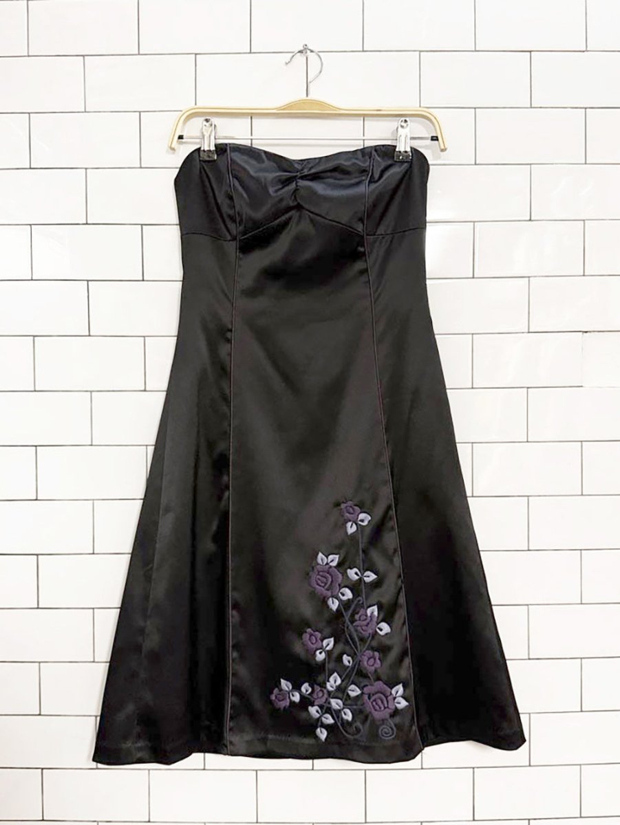 y2k rw&co satin strapless floral embroidery knee - length dress - good market thrift store