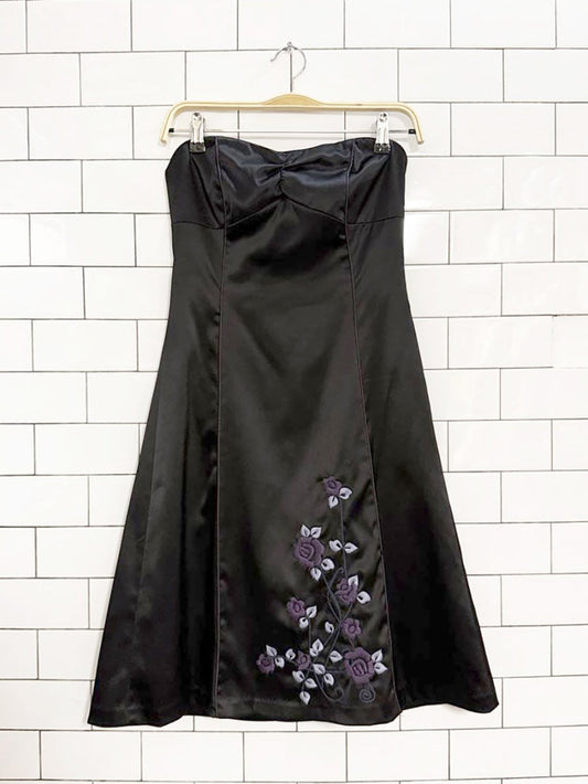 y2k rw&co satin strapless floral embroidery knee - length dress - good market thrift store
