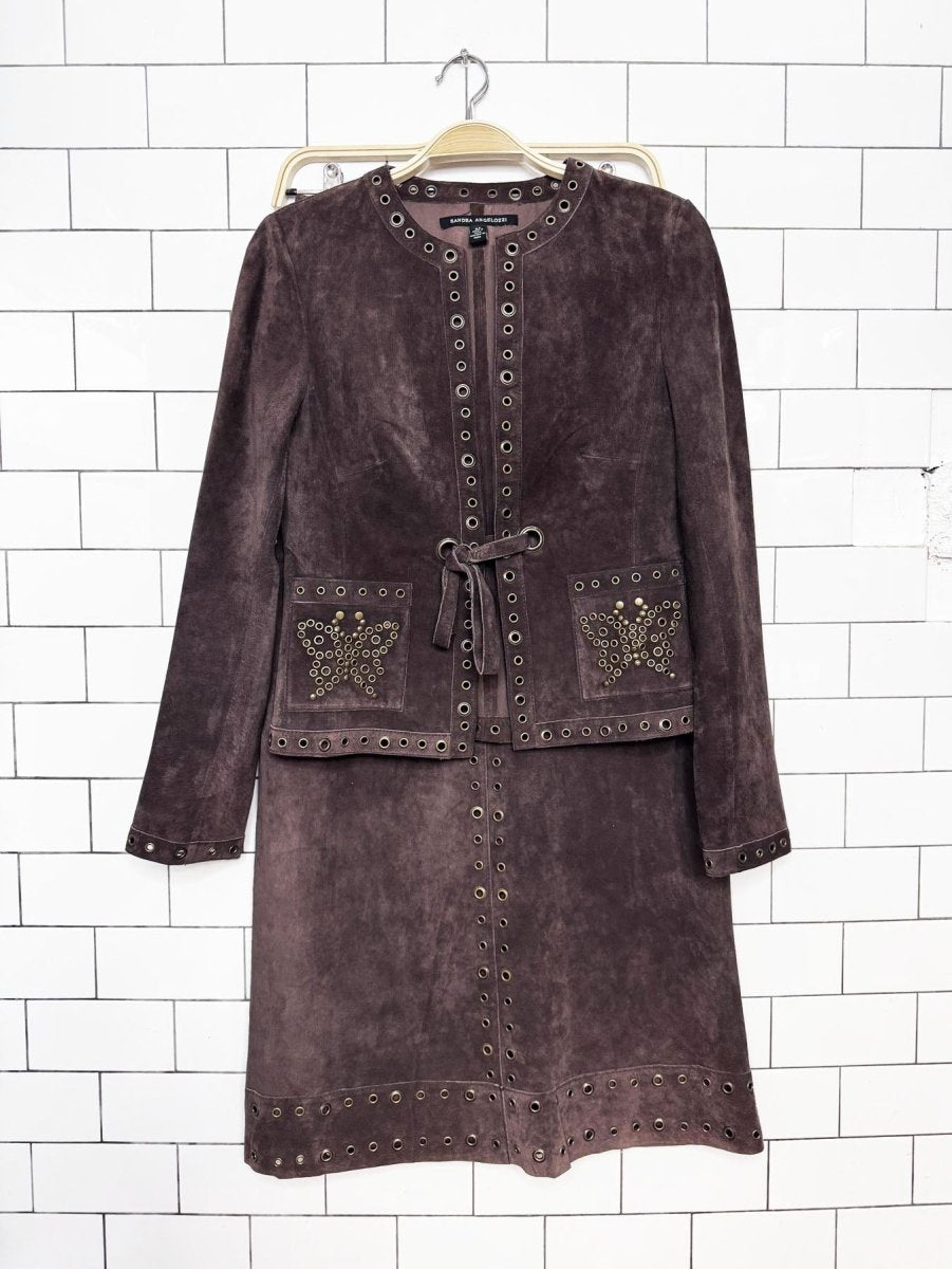 y2k sandra angelozzi lamb suede grommet butterfly tie-front jacket + maxi skirt set - good market thrift store
