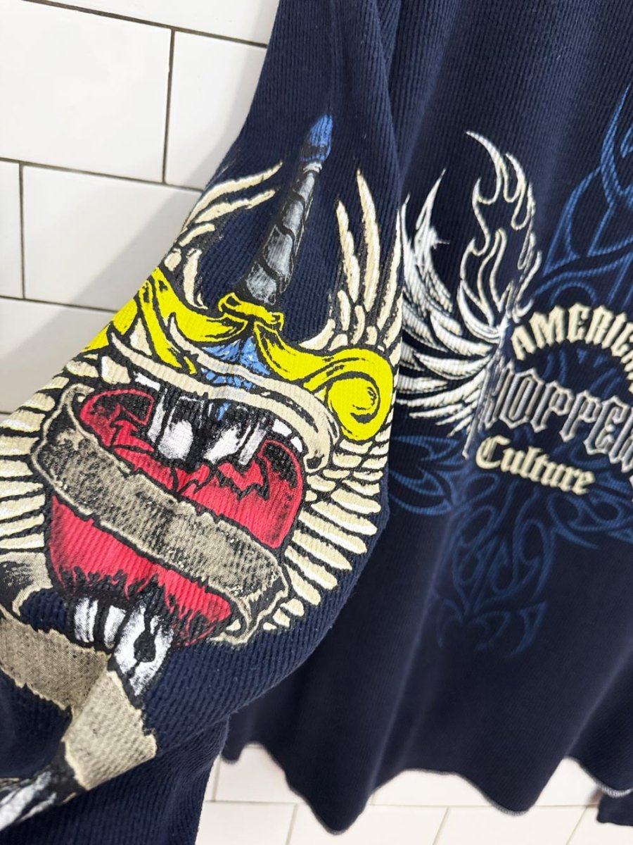 y2k sapphire lounge chopper culture waffle long sleeve top - good market thrift store