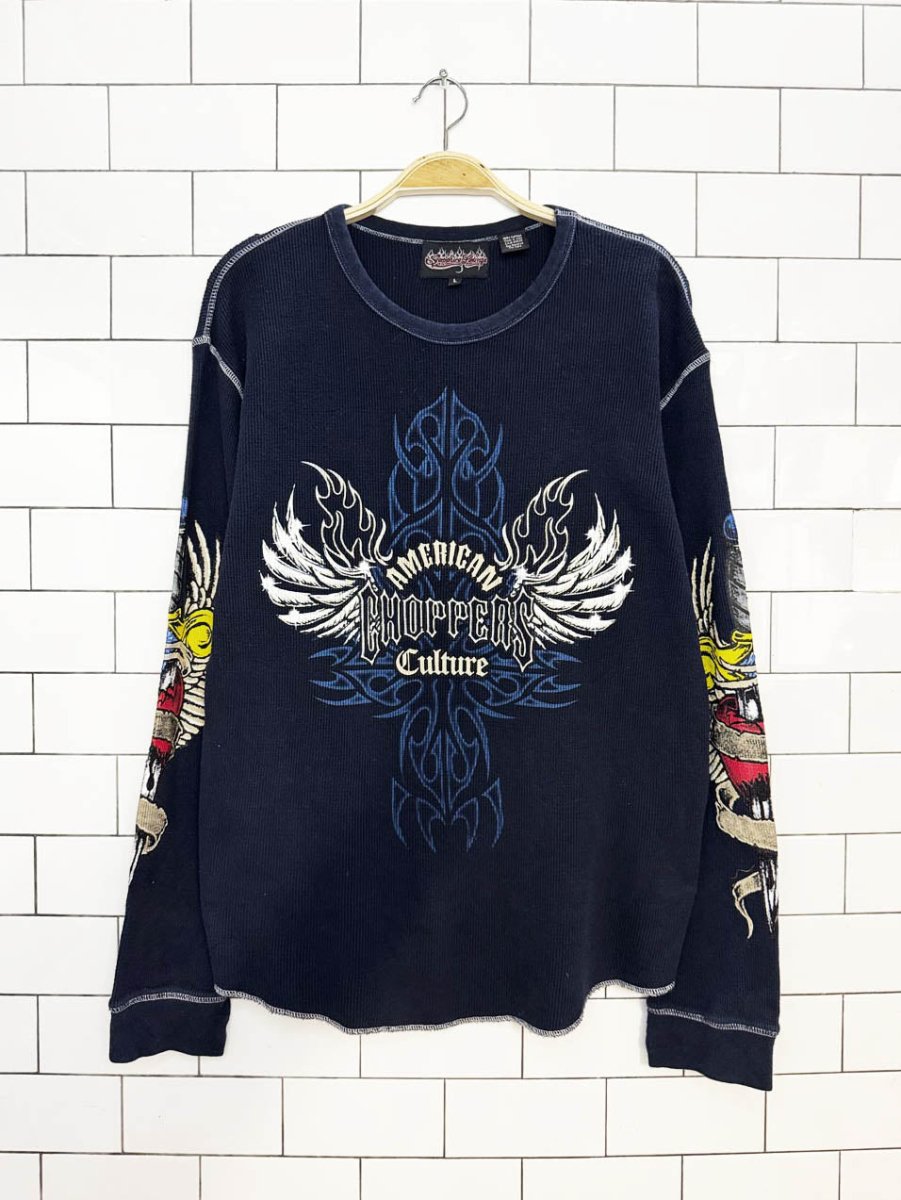 y2k sapphire lounge chopper culture waffle long sleeve top - good market thrift store