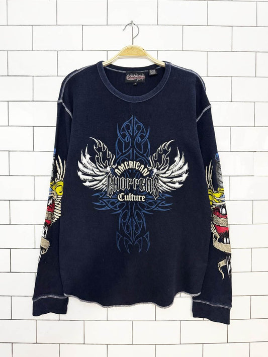 y2k sapphire lounge chopper culture waffle long sleeve top - good market thrift store