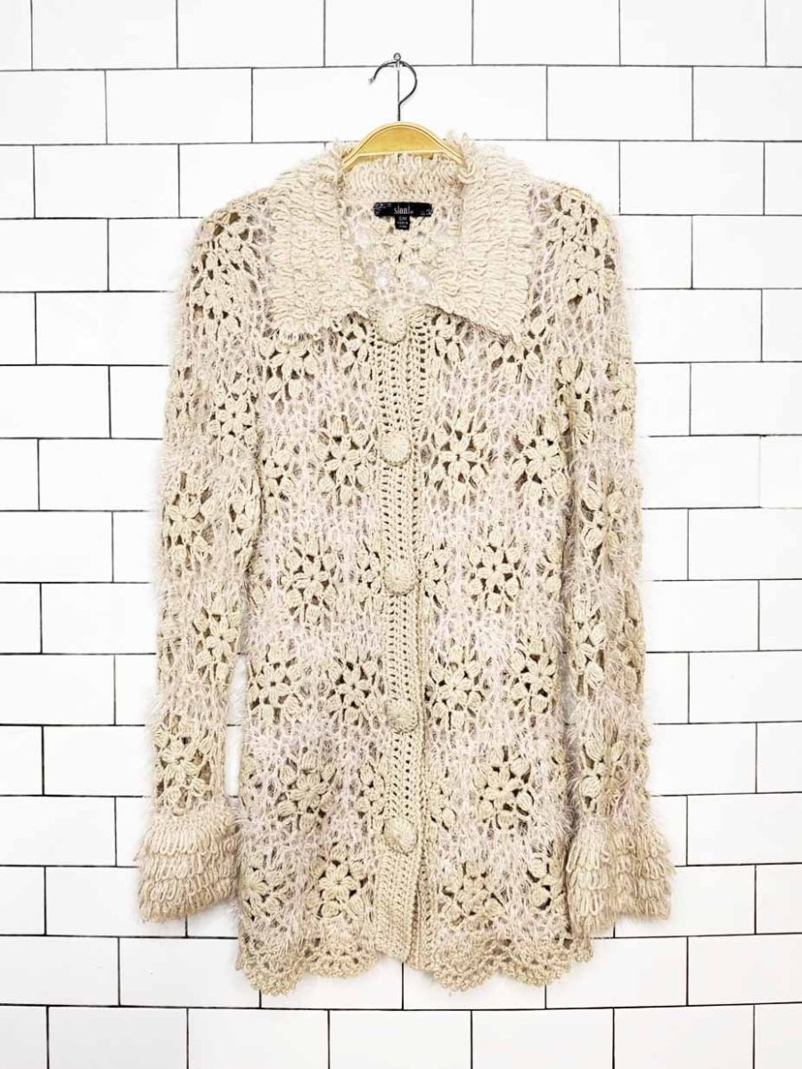 y2k sioni wool-blend crochet flower loose knit cardigan - good market thrift store