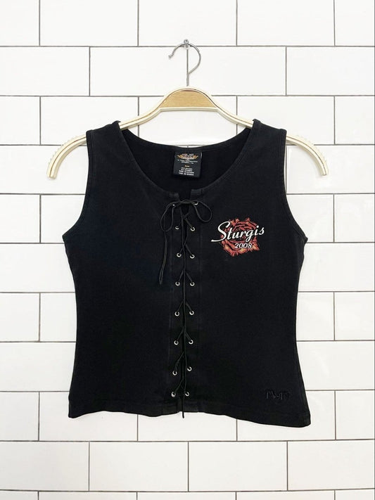 y2k sturgis bike week lace up stretchy crop tank top | v twin motorcyle apparel - good market thrift store
