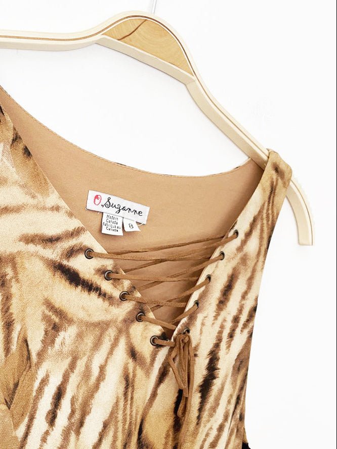 y2k suzanne tiger floral asymmetrical tie up midi dress | made in canada - good market thrift store