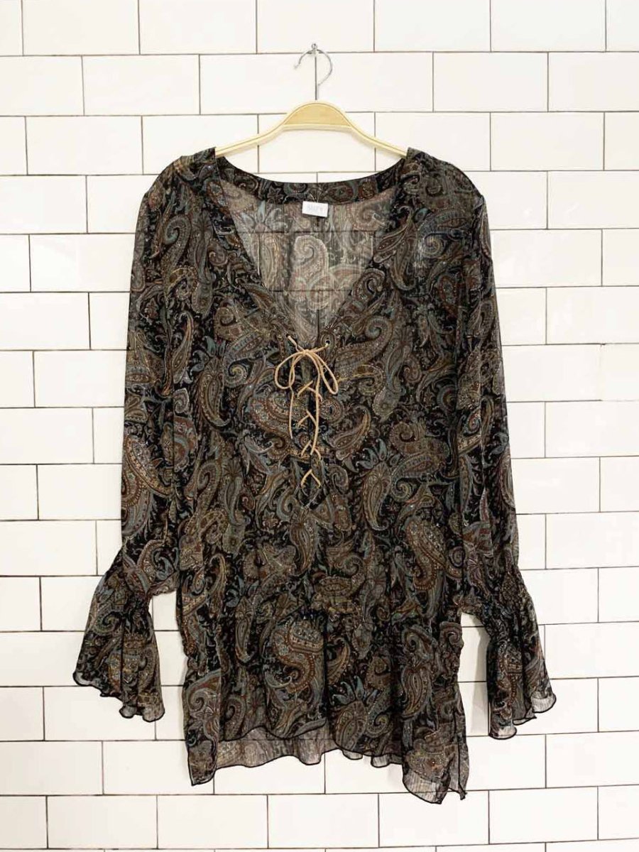 y2k suzy shier leather lace up boho sheer paisley top - good market thrift store