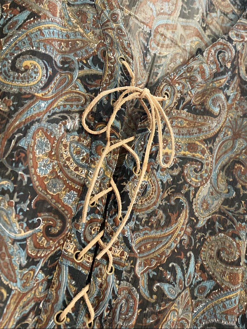 y2k suzy shier leather lace up boho sheer paisley top - good market thrift store