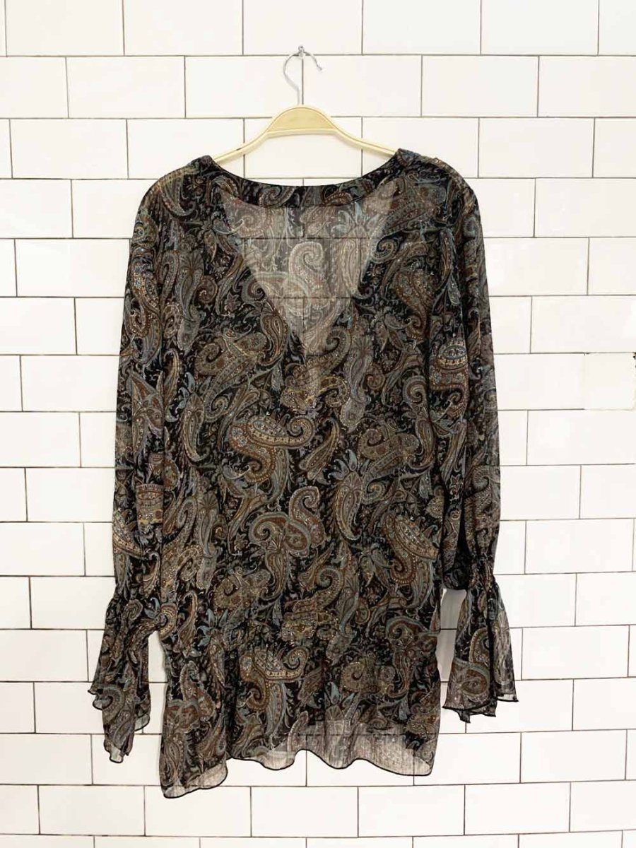 y2k suzy shier leather lace up boho sheer paisley top - good market thrift store
