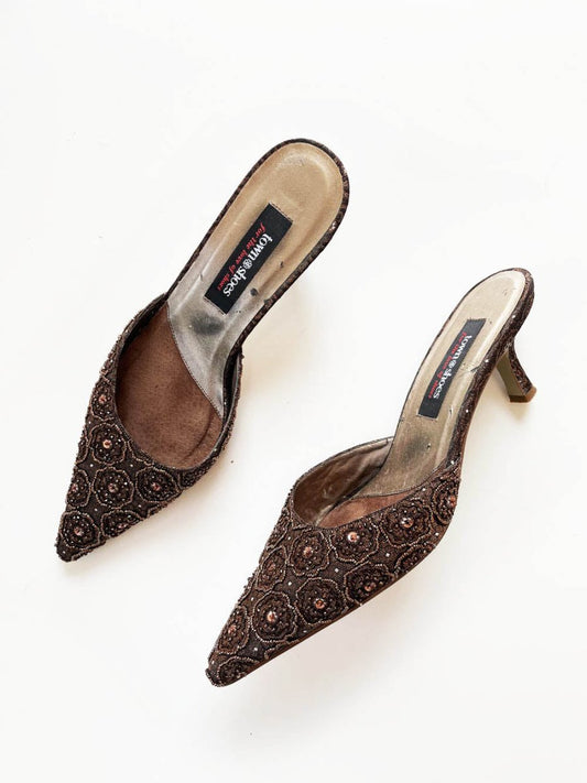 y2k town shoes boho beaded heeled leather mules - good market thrift store