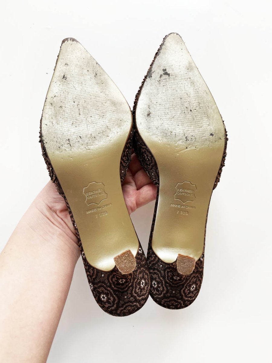 y2k town shoes boho beaded heeled leather mules - good market thrift store