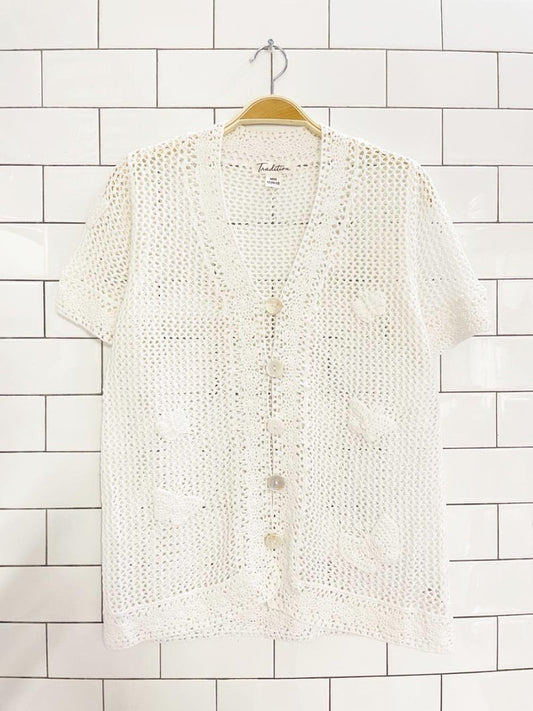 y2k tradition butterfly crochet knit short sleeve cardigan top - good market thrift store