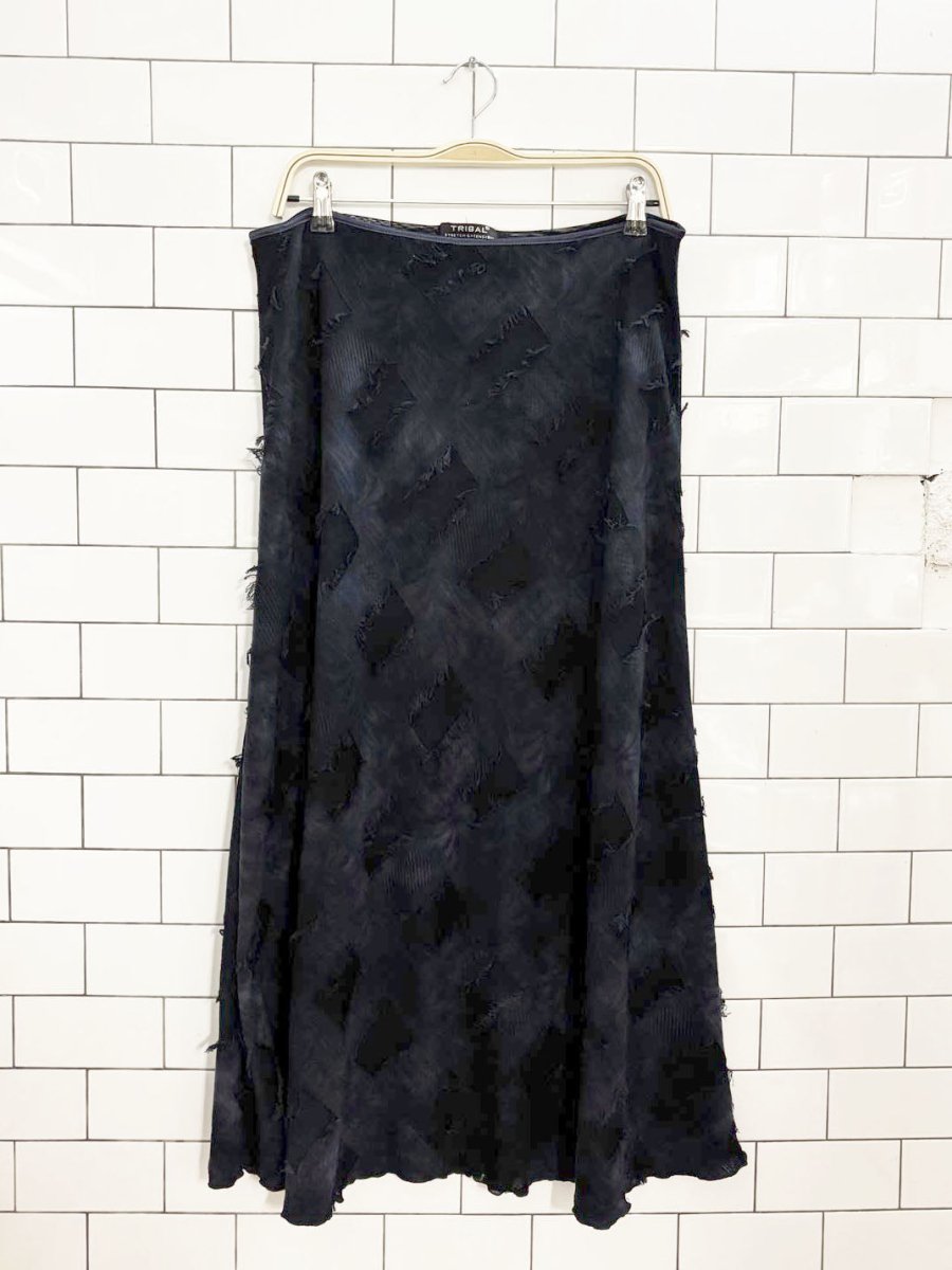 y2k tribal patchwork fringe stretch maxi skirt - good market thrift store