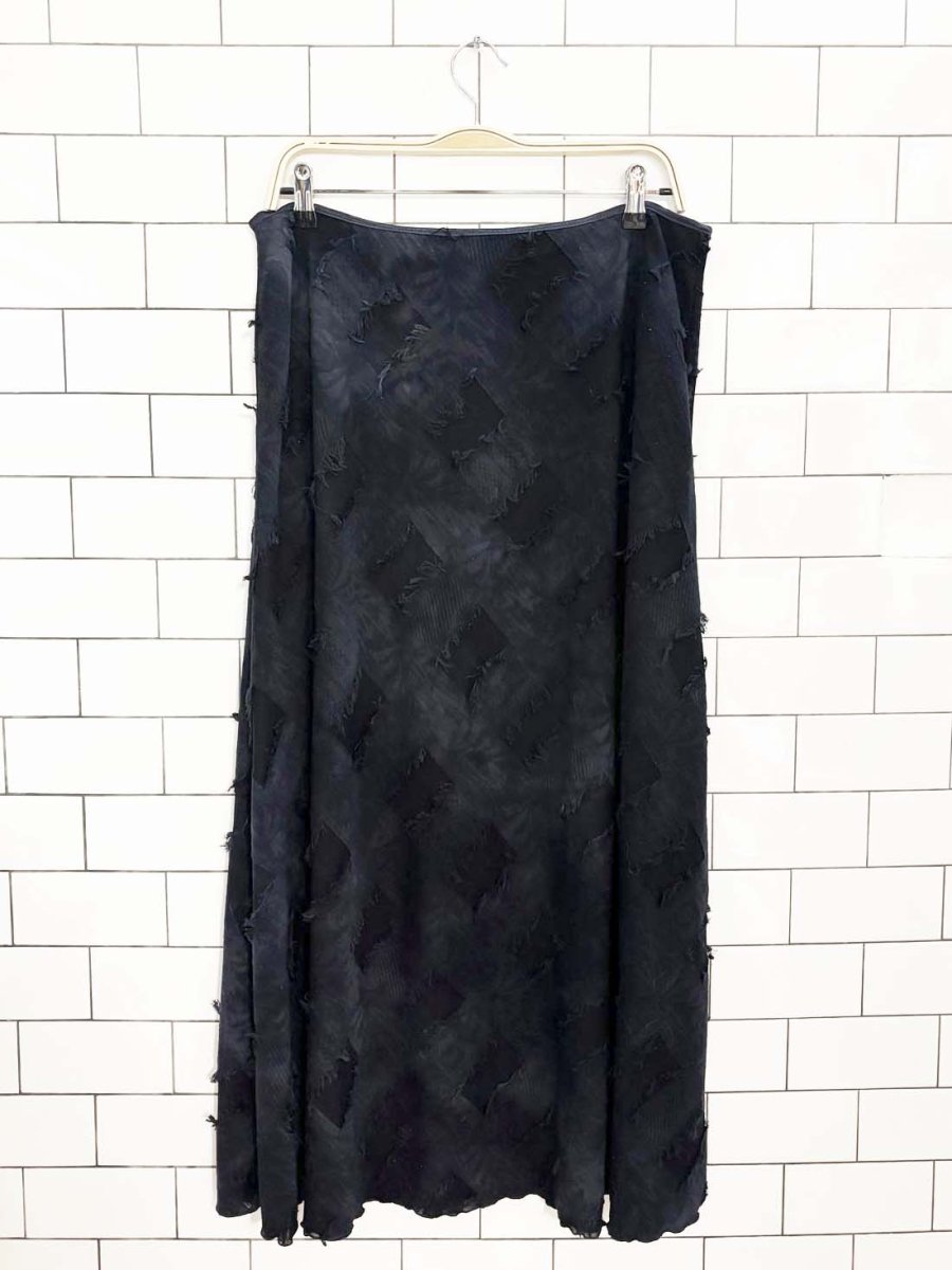 y2k tribal patchwork fringe stretch maxi skirt - good market thrift store
