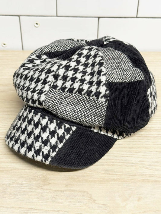 y2k wool - blend houndstooth patchwork newsboy cap - good market thrift store