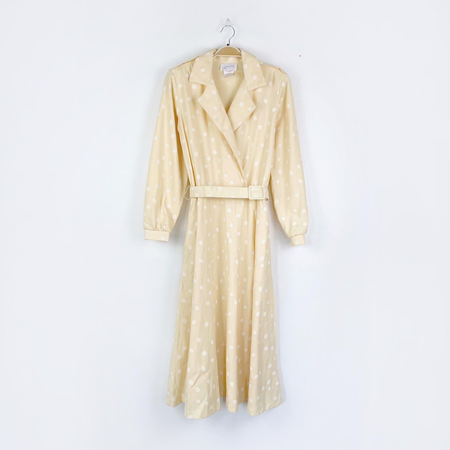 vintage jessica yellow polka dot long sleeve belted midi dress