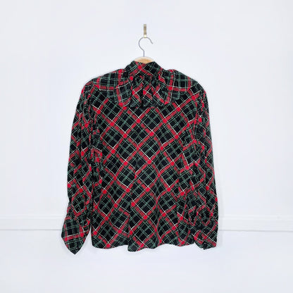 vintage ysl rive gauche ruffle tie neck plaid silk blouse