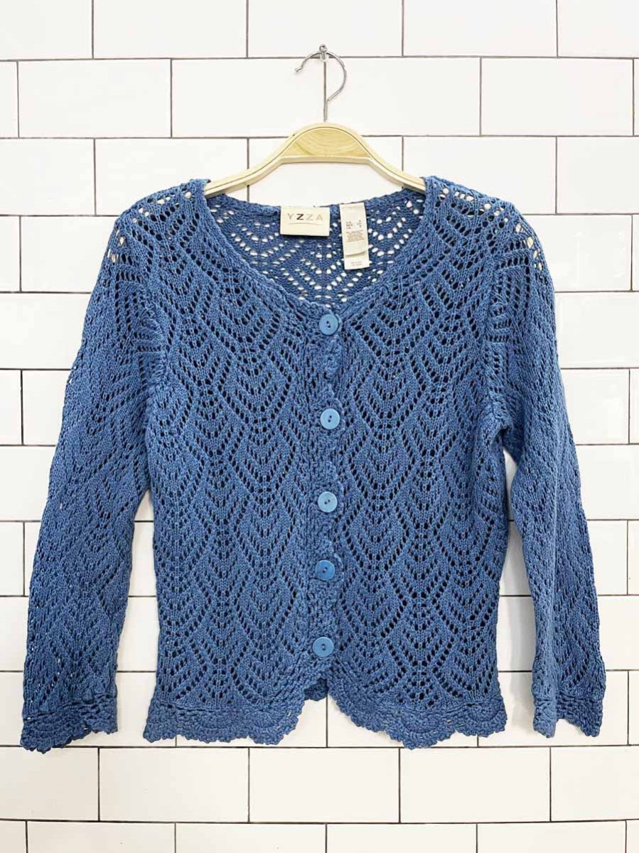 yzza linen-blend crochet knit cardigan top - good market thrift store