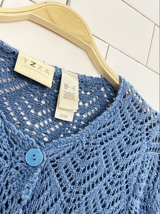 yzza linen-blend crochet knit cardigan top - good market thrift store