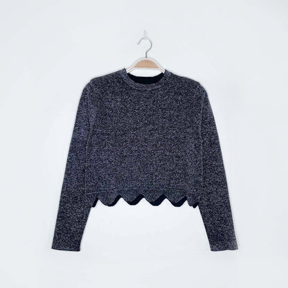 zara knit black metallic cropped scallop hem long sleeve - size small