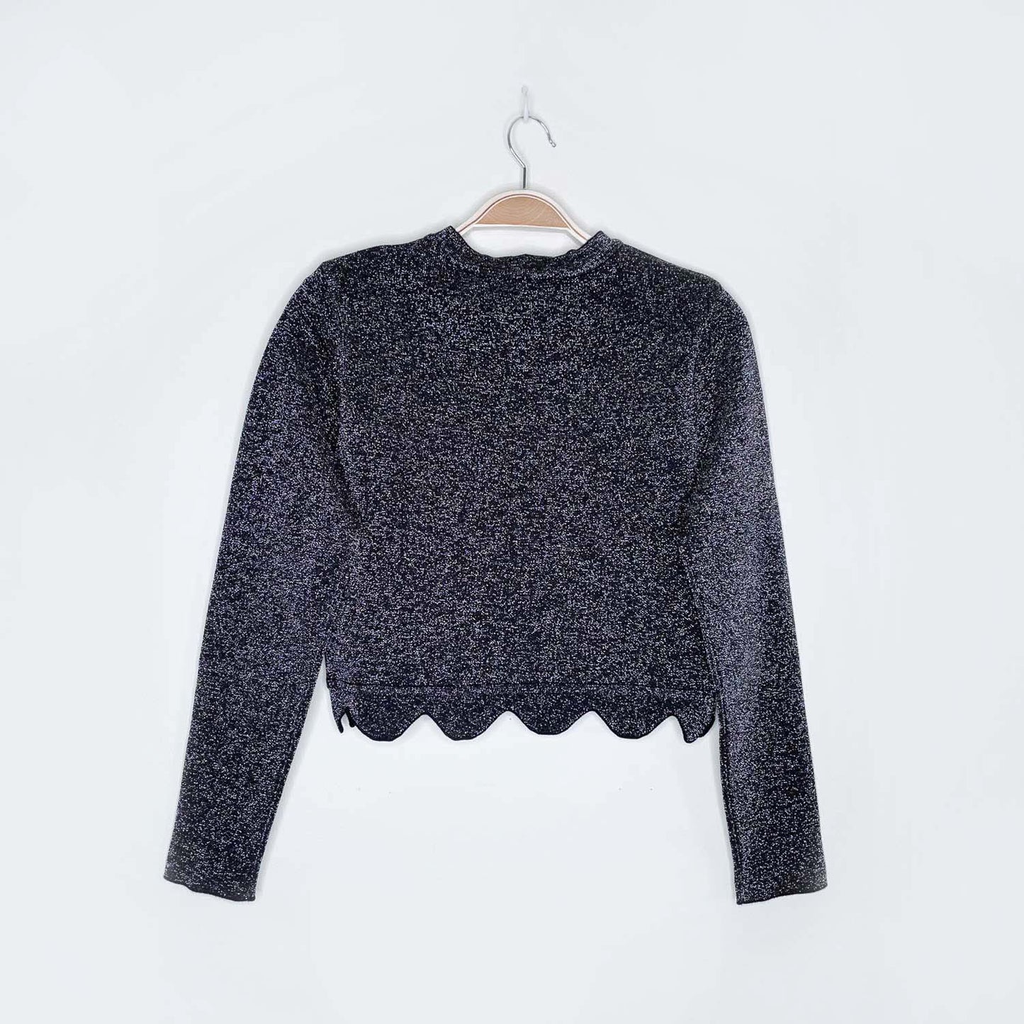zara knit black metallic cropped scallop hem long sleeve - size small