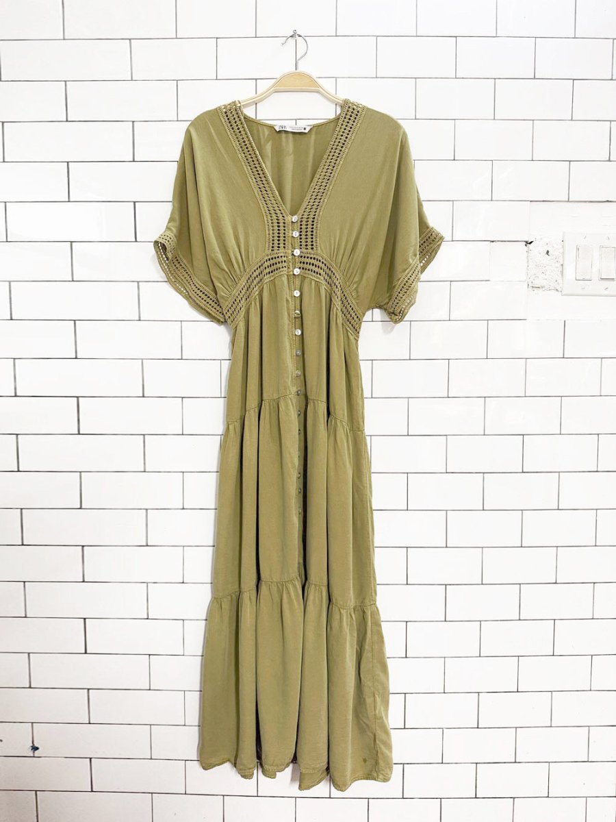 zara boho crochet trim full button tiered maxi dress - good market thrift store