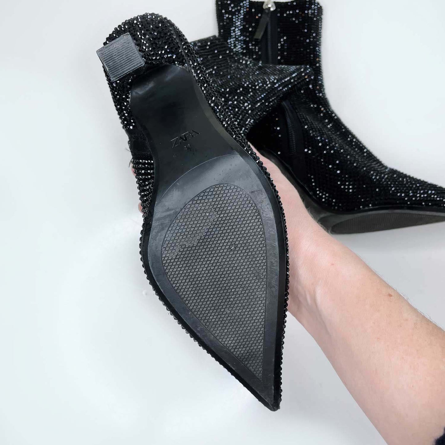 zara black rhinstone heeled ankle boot - size 38