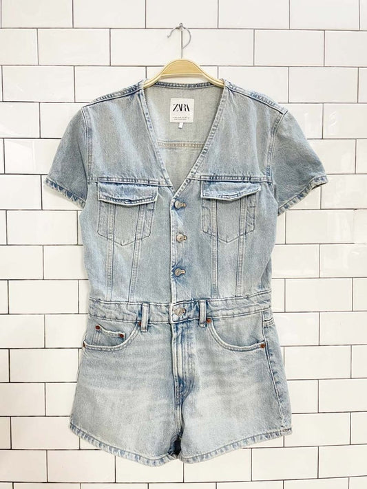 zara denim 1/2 button short romper - good market thrift store