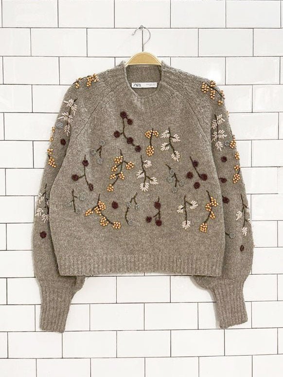 zara embroidered - beaded balloon sleeve knit sweater - good market thrift store