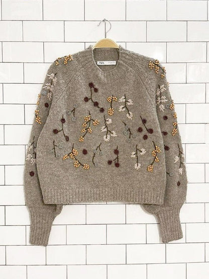 zara embroidered - beaded balloon sleeve knit sweater - good market thrift store