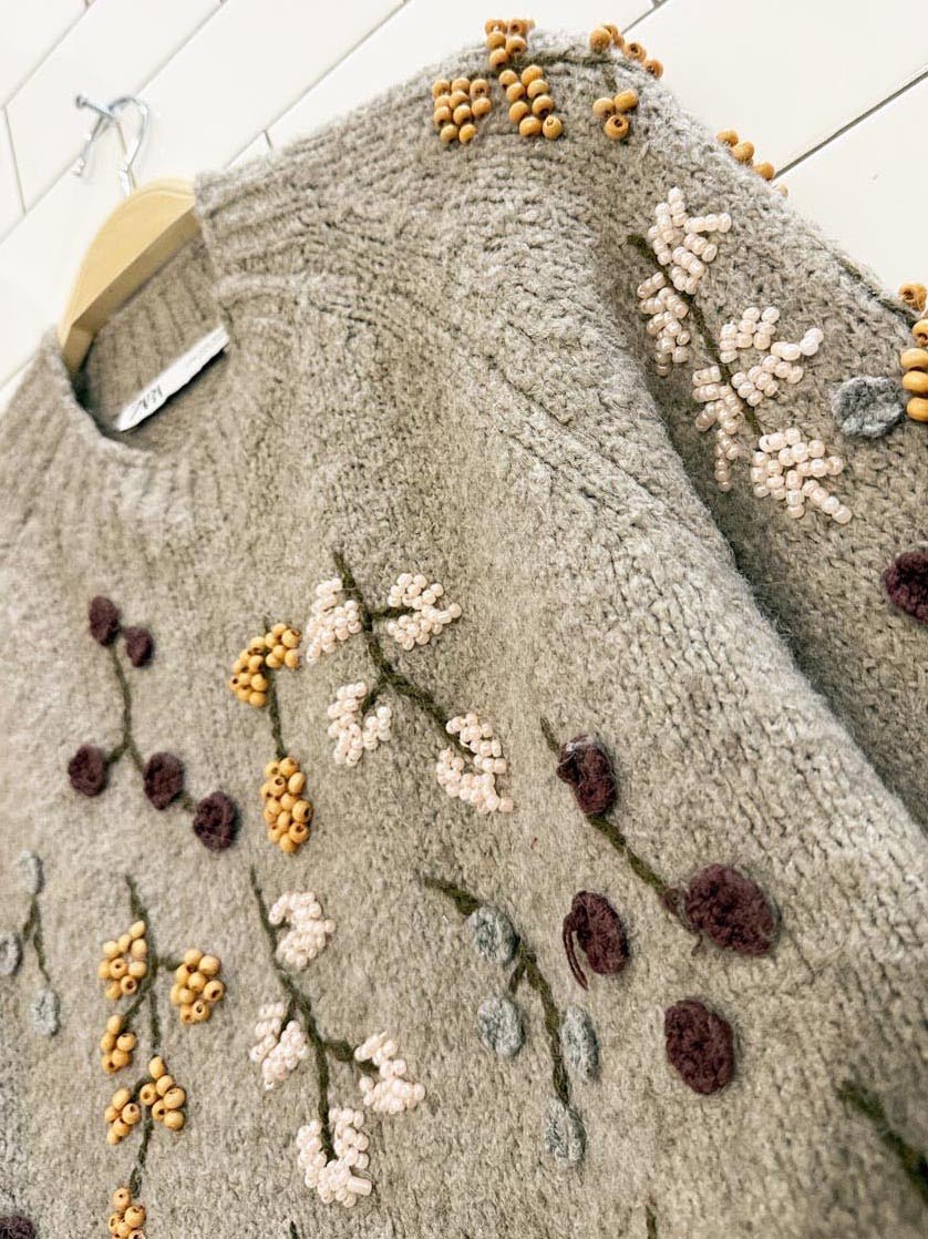 zara embroidered - beaded balloon sleeve knit sweater - good market thrift store