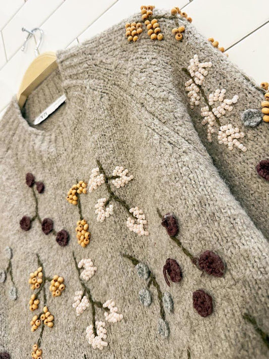 zara embroidered - beaded balloon sleeve knit sweater - good market thrift store