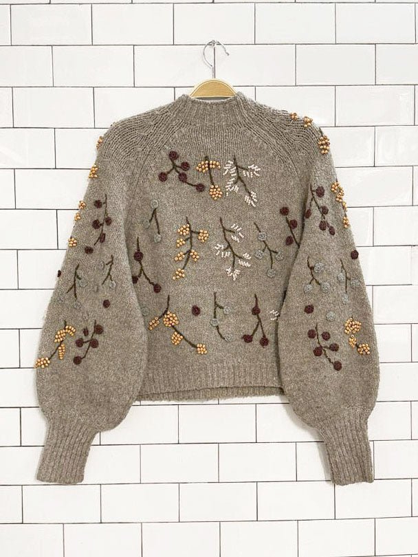 zara embroidered - beaded balloon sleeve knit sweater - good market thrift store