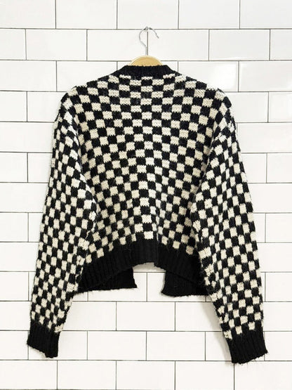 zara fuzzy check open knit cardigan - good market thrift store