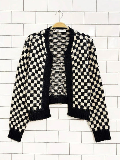zara fuzzy check open knit cardigan - good market thrift store