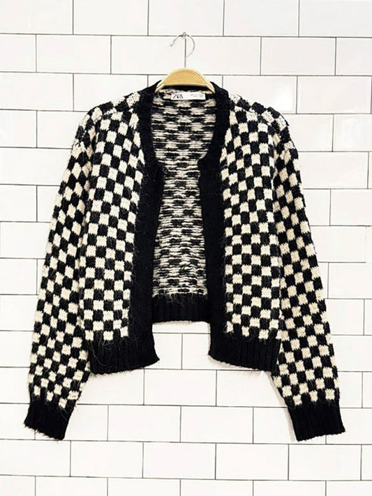 zara fuzzy check open knit cardigan - good market thrift store