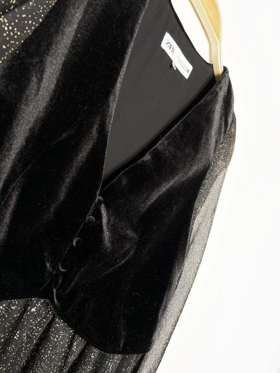 zara gold shimmer chiffon + velvet vest long sleeve dress - good market thrift store