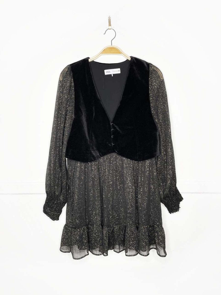 zara gold shimmer chiffon + velvet vest long sleeve dress - good market thrift store