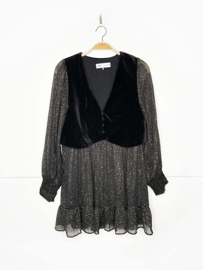 zara gold shimmer chiffon + velvet vest long sleeve dress - good market thrift store