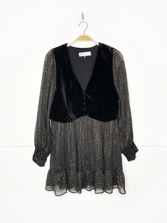 zara gold shimmer chiffon + velvet vest long sleeve dress - good market thrift store