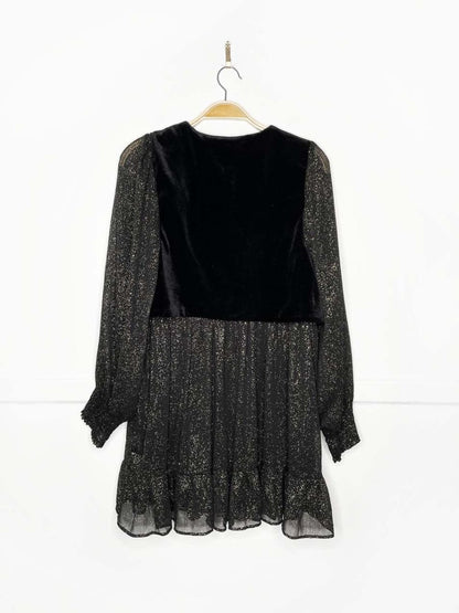 zara gold shimmer chiffon + velvet vest long sleeve dress - good market thrift store