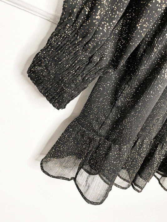 zara gold shimmer chiffon + velvet vest long sleeve dress - good market thrift store